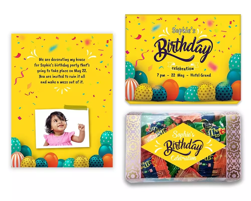 Design Number 10 for Jelly Candies in Customized Boxes with Large Foldable Invitation Cards for Birthday Parties