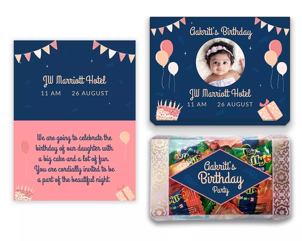 Design Number 9 for Jelly Candies in Customized Boxes with Large Foldable Invitation Cards for Birthday Parties