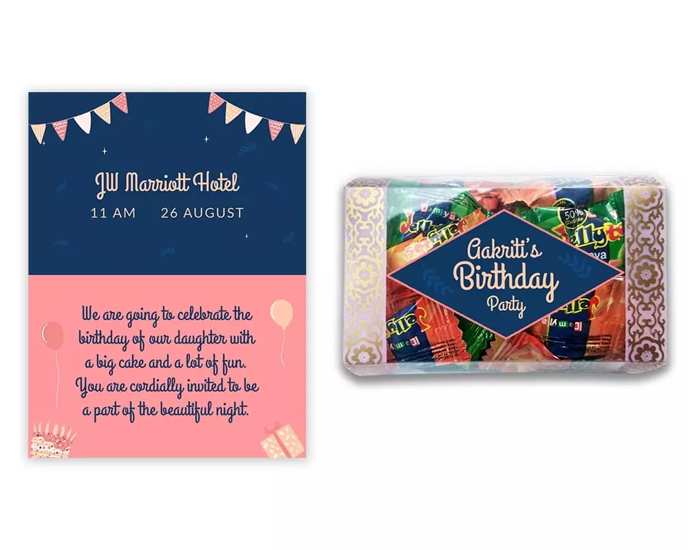 Design Number 9 for Jelly Candies in Transparent Boxes with Large Foldable Invitation Cards for Birthday Parties