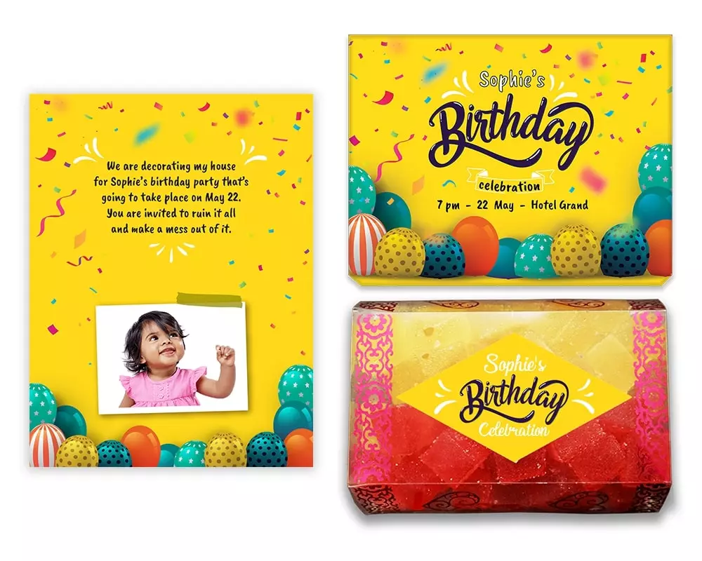 Design Number 10 for Jelly Sweets in Customized Boxes with Large Foldable Invitation Cards for Birthday Parties