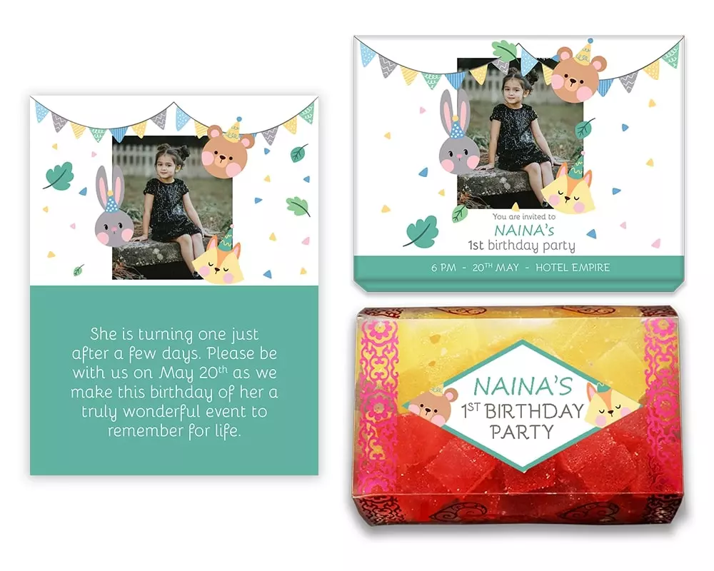 Design Number 8 for Jelly Sweets in Customized Boxes with Large Foldable Invitation Cards for Birthday Parties