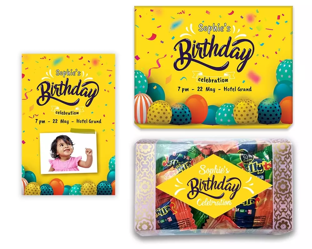 Design Number 10 for Jelly Candies in Customized Boxes with Large Invitation Cards for Birthday Parties