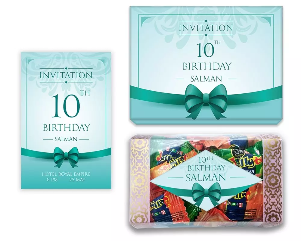 Design Number 7 for Jelly Candies in Customized Boxes with Large Invitation Cards for Birthday Parties