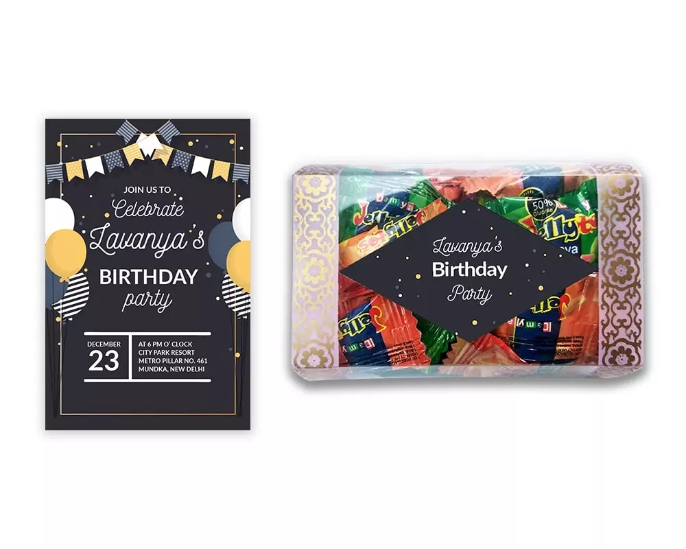 Design Number 6 for Jelly Candies in Transparent Boxes with Large Invitation Cards for Birthday Parties