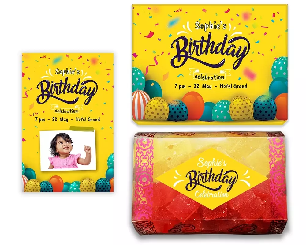 Design Number 10 for Jelly Sweets in Customized Boxes with Large Invitation Cards for Birthday Parties