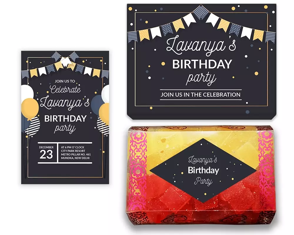 Design Number 6 for Jelly Sweets in Customized Boxes with Large Invitation Cards for Birthday Parties
