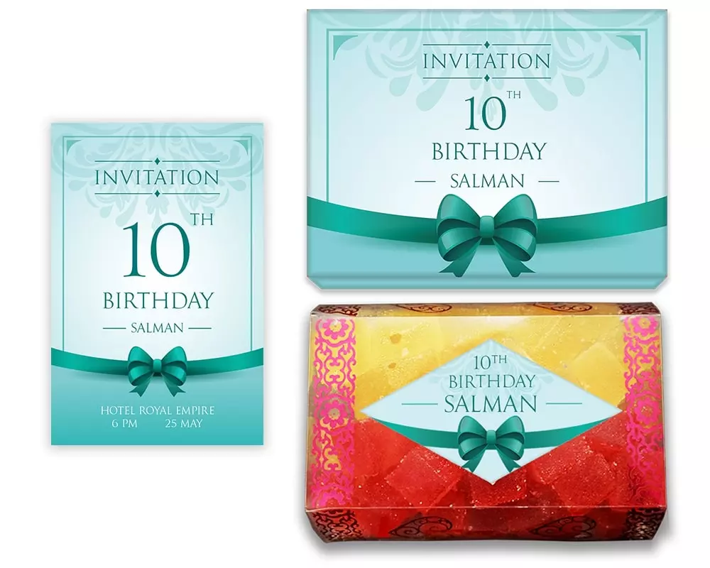 Design Number 7 for Jelly Sweets in Customized Boxes with Large Invitation Cards for Birthday Parties