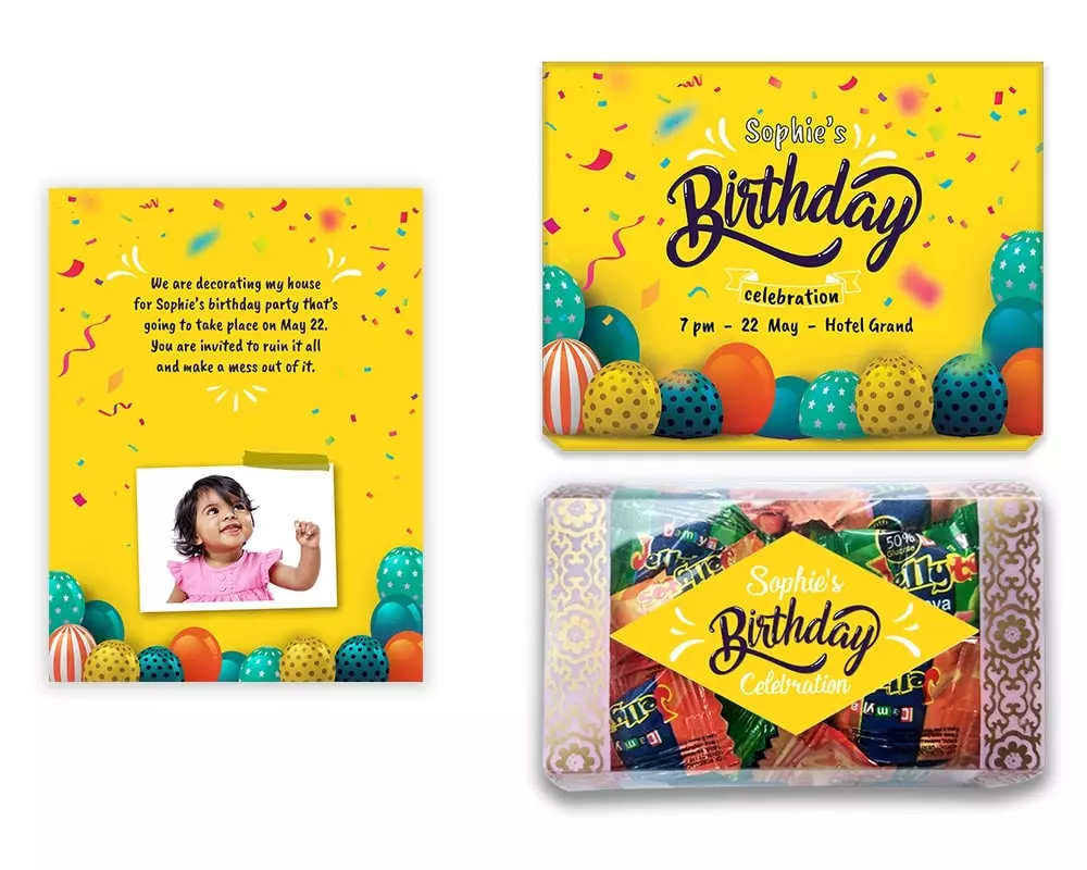Design Number 10 for Jelly Candies in Customized Boxes with Small Foldable Invitation Cards for Birthday Parties
