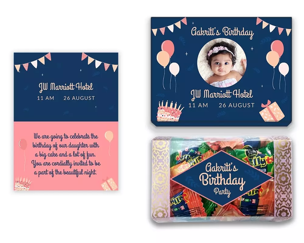 Design Number 9 for Jelly Candies in Customized Boxes with Small Foldable Invitation Cards for Birthday Parties
