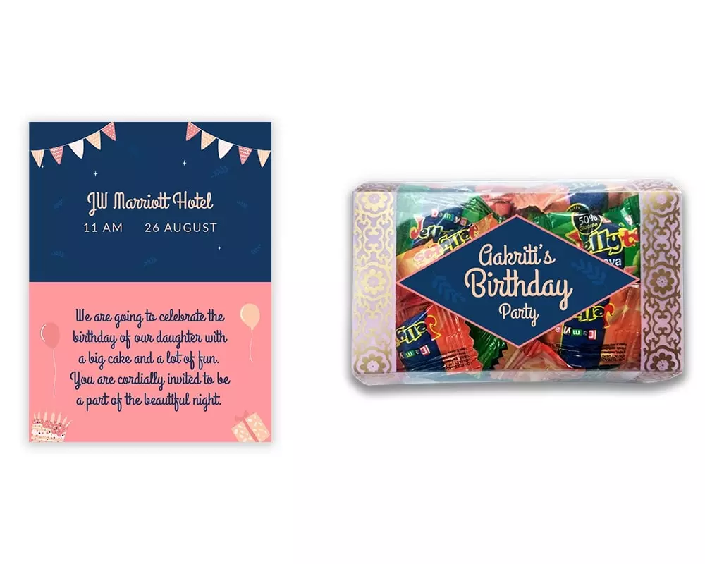 Design Number 9 for Jelly Candies in Transparent Boxes with Small Foldable Invitation Cards for Birthday Parties