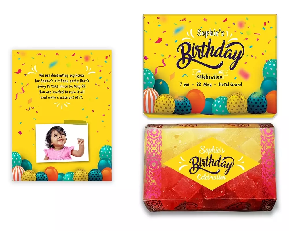 Design Number 10 for Jelly Sweets in Customized Boxes with Small Foldable Invitation Cards for Birthday Parties