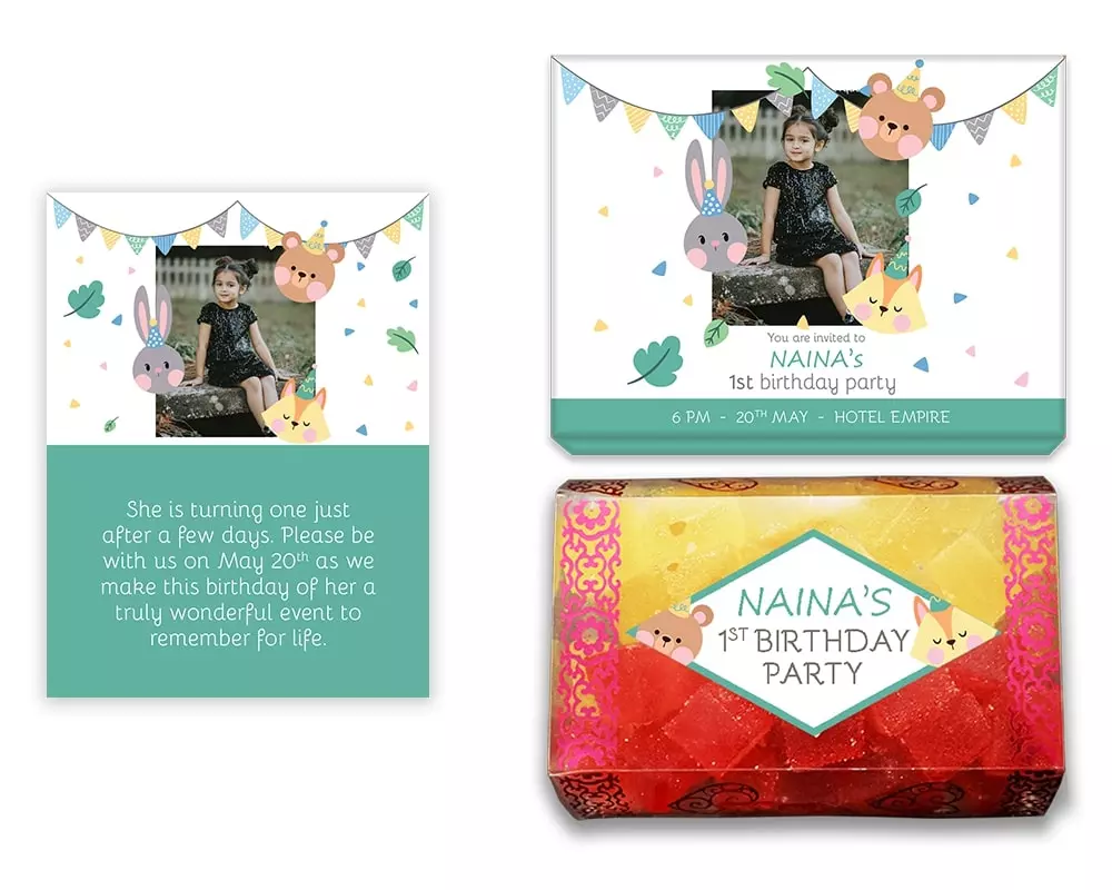 Design Number 8 for Jelly Sweets in Customized Boxes with Small Foldable Invitation Cards for Birthday Parties