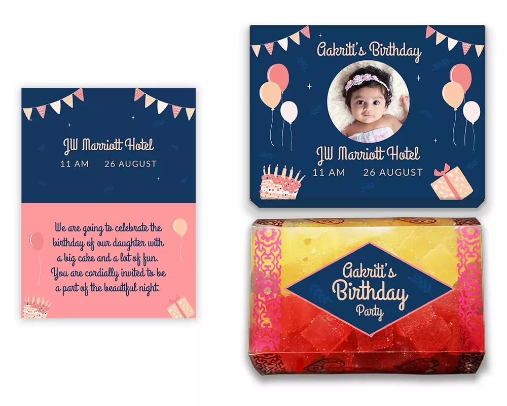 Design Number 9 for Jelly Sweets in Customized Boxes with Small Foldable Invitation Cards for Birthday Parties