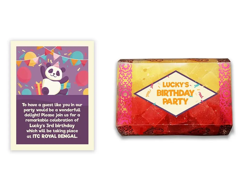 Design Number 1 for Jelly Sweets in Transparent Boxes with Small Foldable Invitation Cards for Birthday Parties
