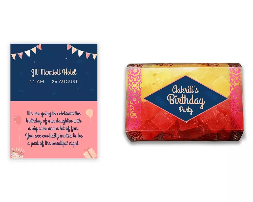 Design Number 9 for Jelly Sweets in Transparent Boxes with Small Foldable Invitation Cards for Birthday Parties