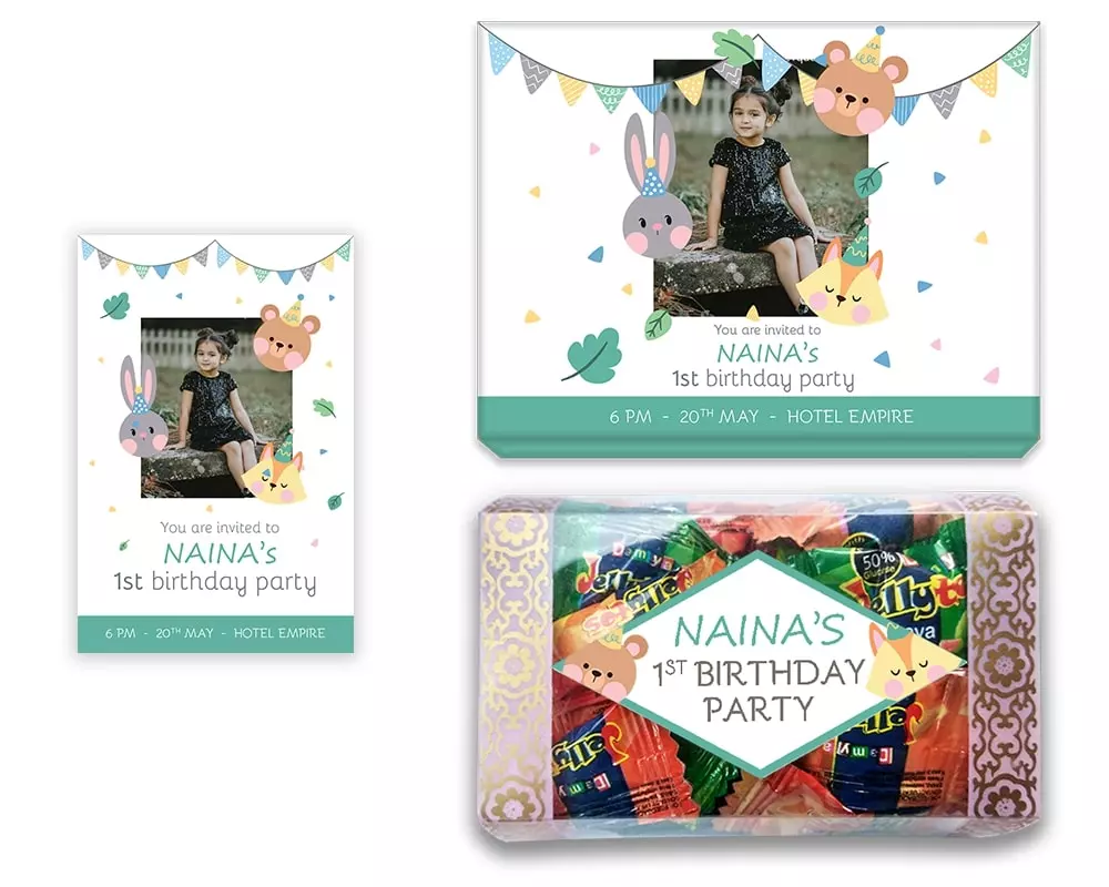 Design Number 8 for Jelly Candies in Customized Boxes with Small Invitation Cards for Birthday Parties
