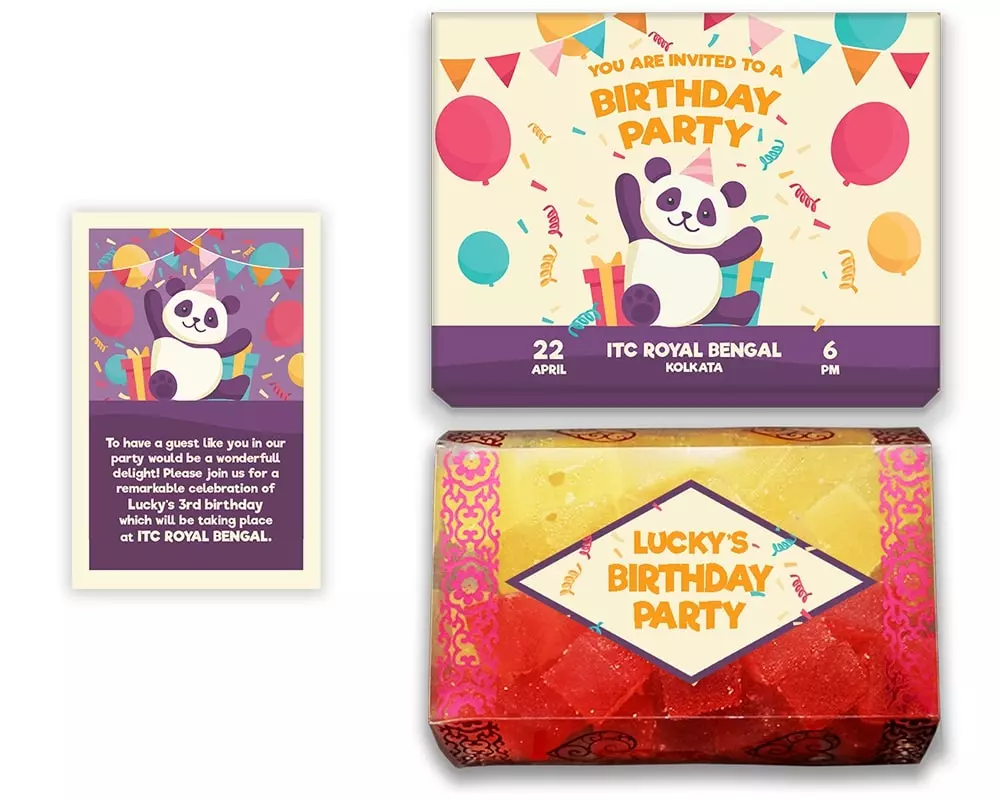 Design Number 1 for Jelly Sweets in Customized Boxes with Small Invitation Cards for Birthday Parties