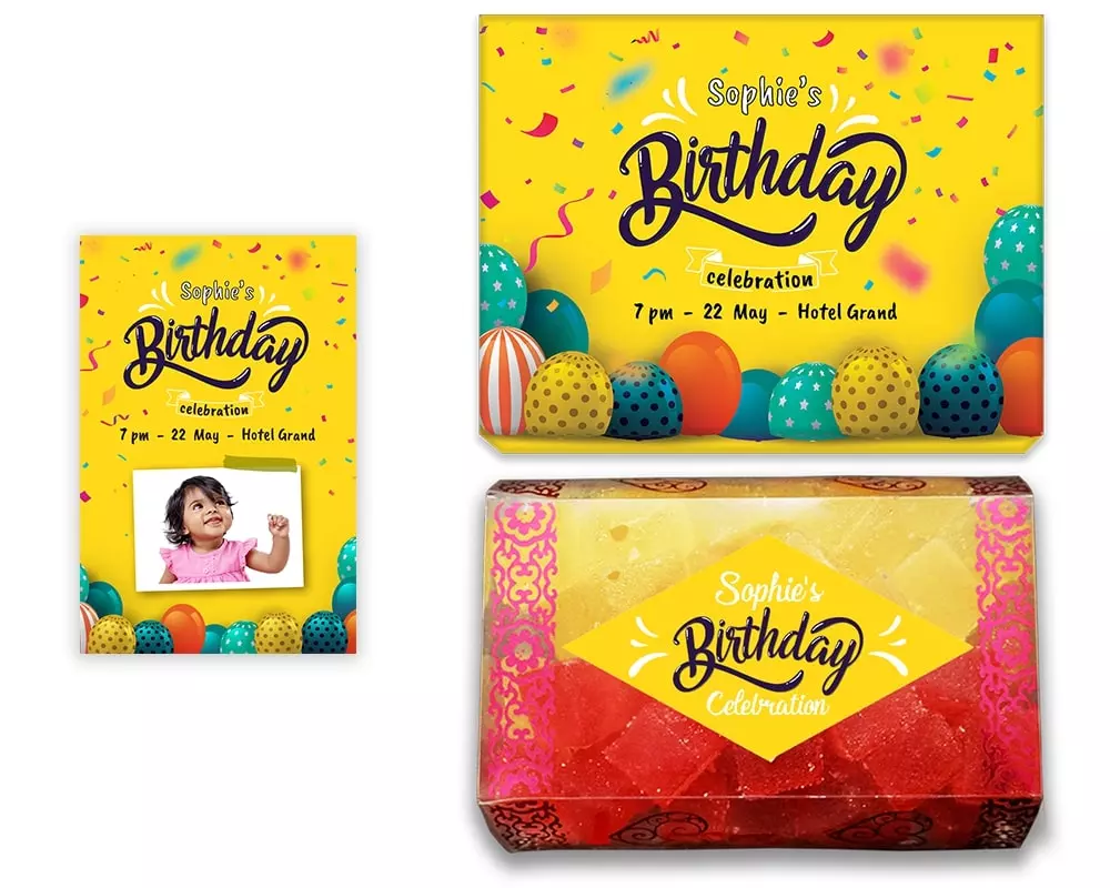 Design Number 10 for Jelly Sweets in Customized Boxes with Small Invitation Cards for Birthday Parties