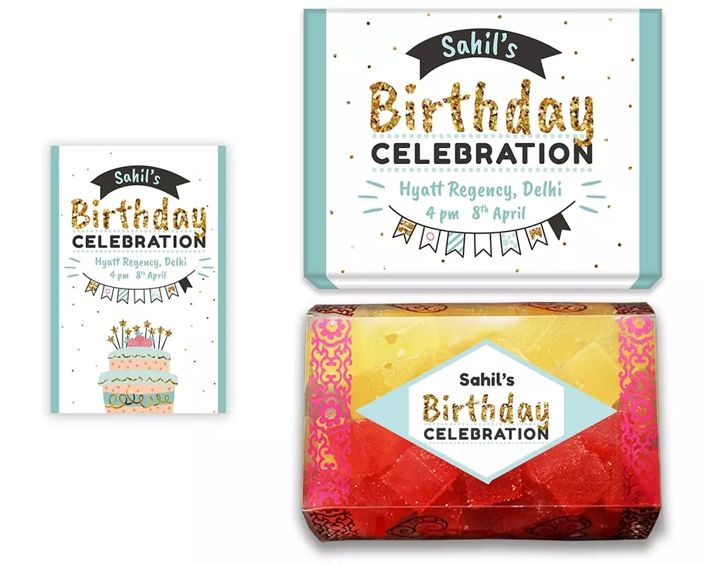 Design Number 3 for Jelly Sweets in Customized Boxes with Small Invitation Cards for Birthday Parties