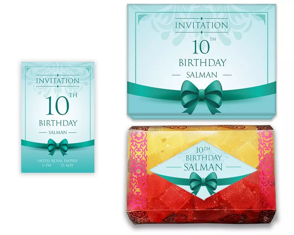 Design Number 7 for Jelly Sweets in Customized Boxes with Small Invitation Cards for Birthday Parties