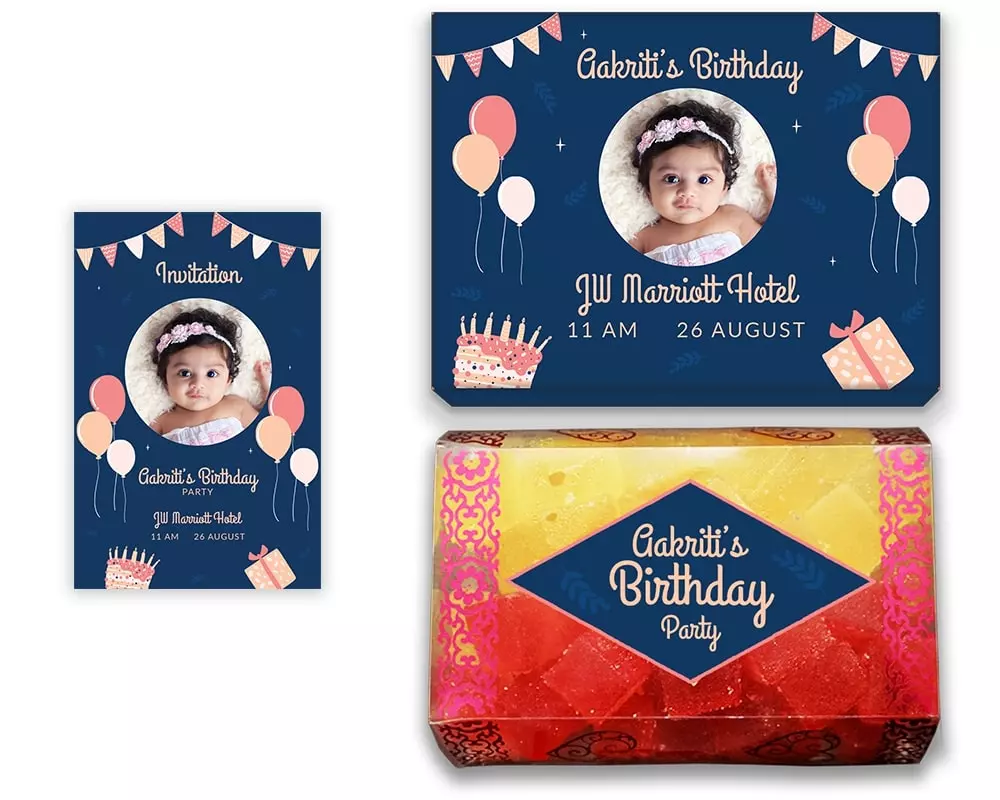 Design Number 9 for Jelly Sweets in Customized Boxes with Small Invitation Cards for Birthday Parties