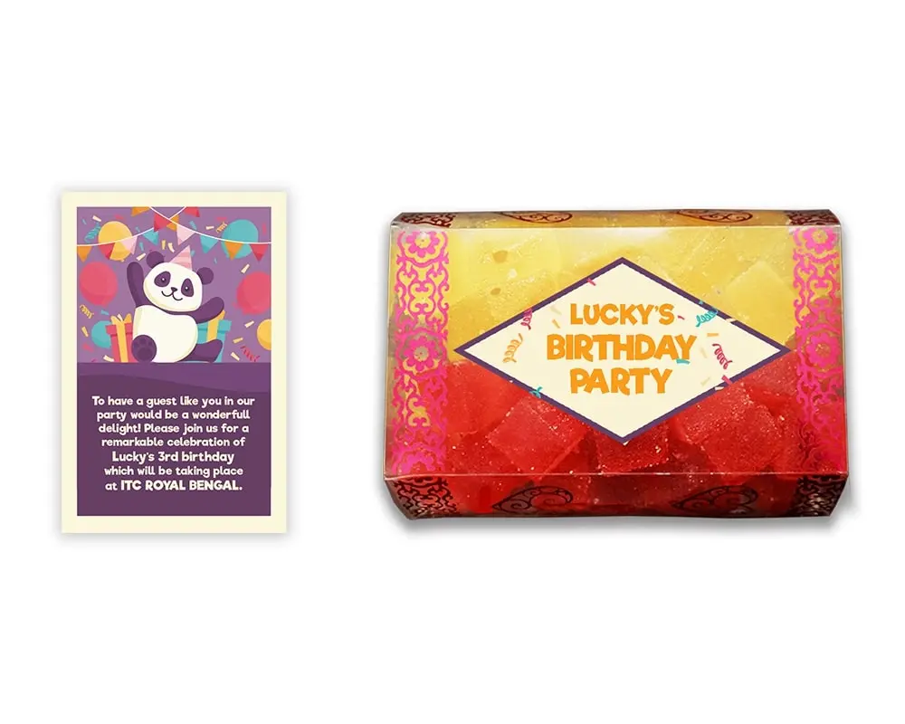 Design Number 1 for Jelly Sweets in Transparent Boxes with Small Invitation Cards for Birthday Parties