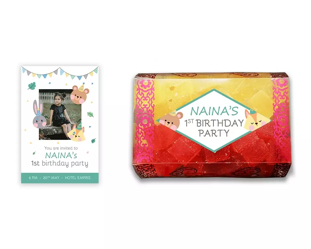 Design Number 8 for Jelly Sweets in Transparent Boxes with Small Invitation Cards for Birthday Parties