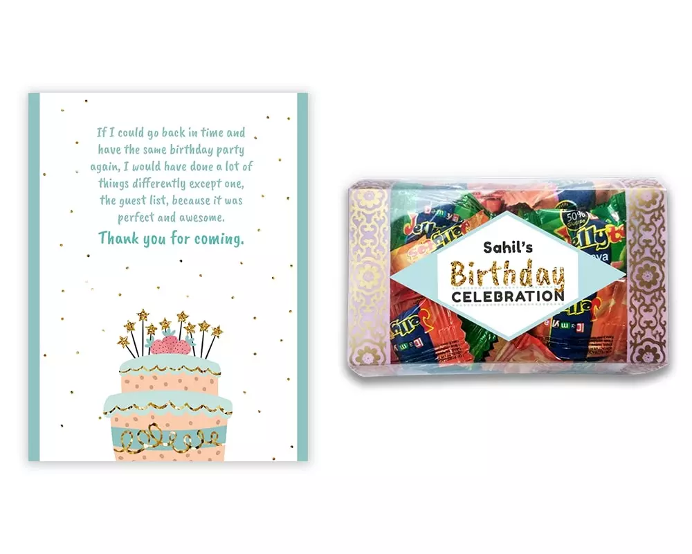 Design Number 3 for Jelly Candies in Transparent Boxes with Large Foldable Message Cards for Birthday Return Gifts