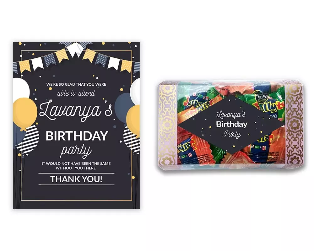 Design Number 6 for Jelly Candies in Transparent Boxes with Large Foldable Message Cards for Birthday Return Gifts