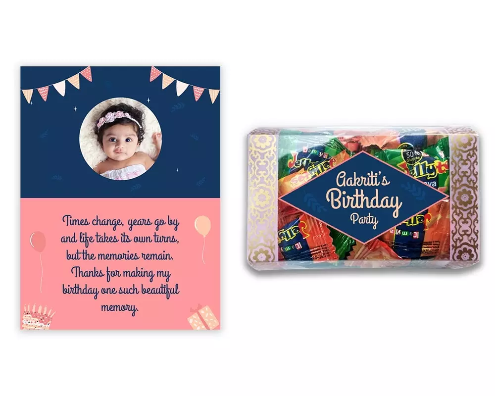 Design Number 9 for Jelly Candies in Transparent Boxes with Large Foldable Message Cards for Birthday Return Gifts