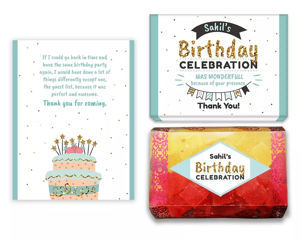 Design Number 3 for Jelly Sweets in Customized Boxes with Large Foldable Message Cards for Birthday Return Gifts