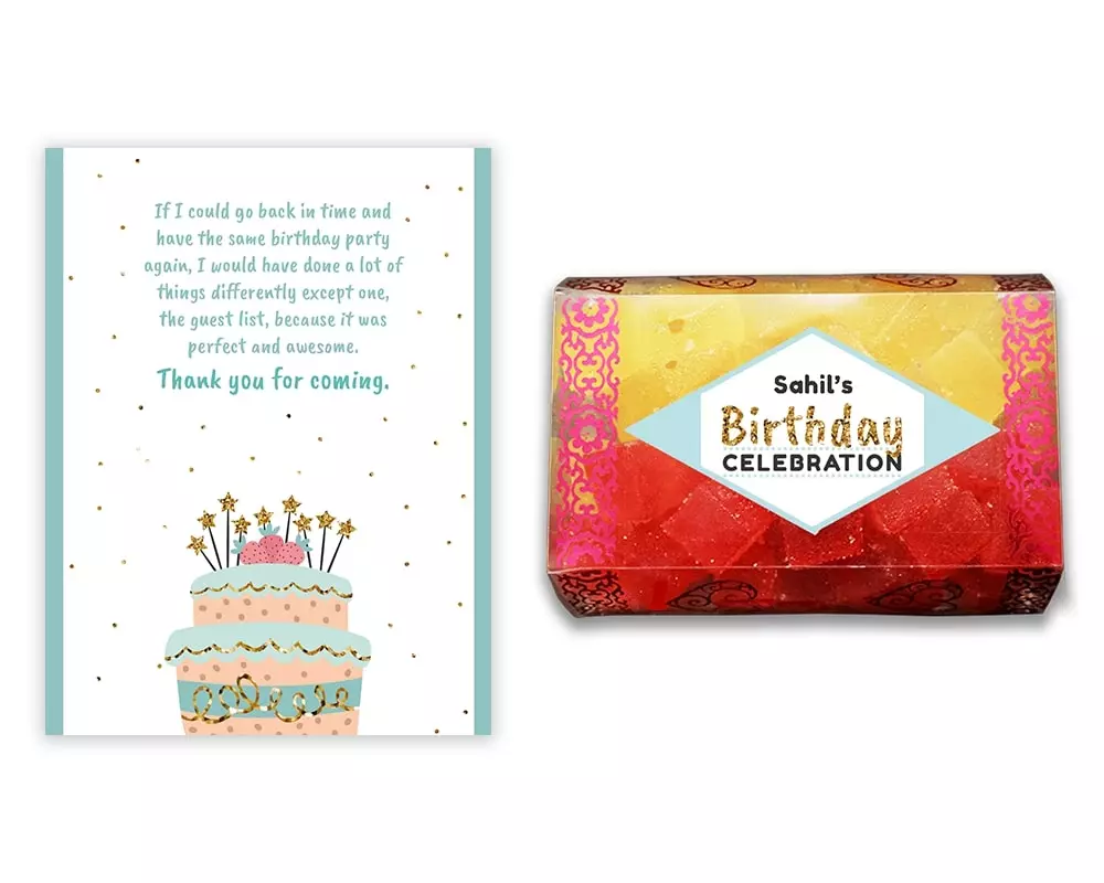 Design Number 3 for Jelly Sweets in Transparent Boxes with Large Foldable Message Cards for Birthday Return Gifts