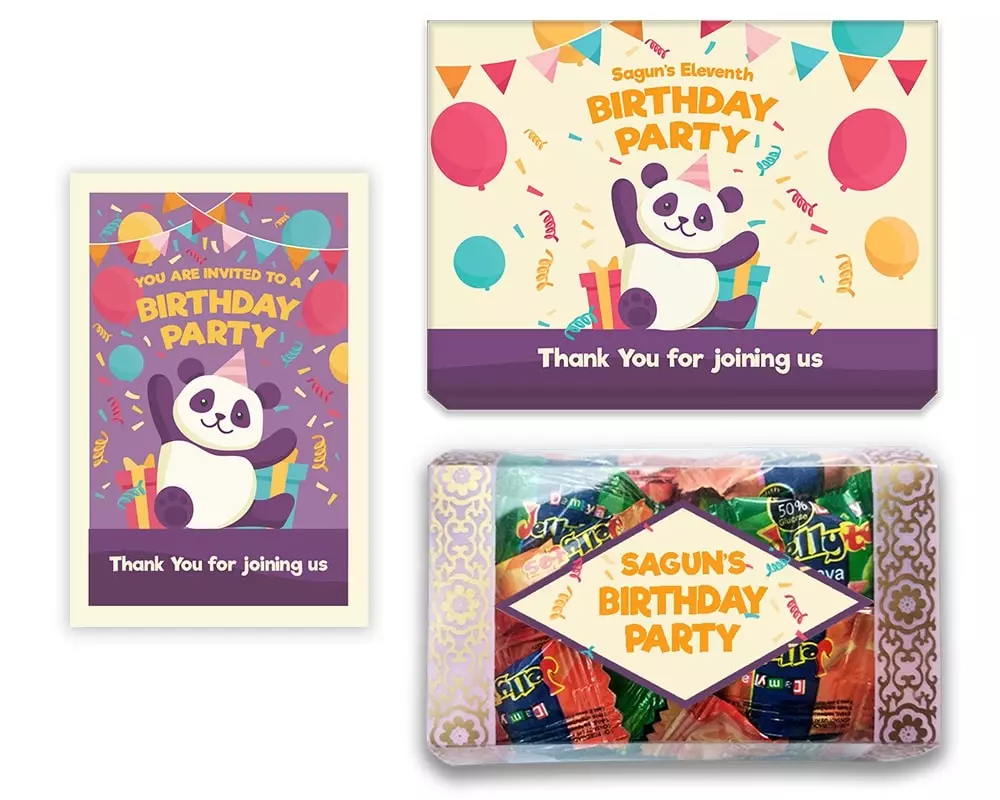Design Number 1 for Jelly Candies in Customized Boxes with Large Message Cards for Birthday Return Gifts