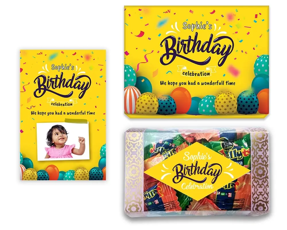 Design Number 10 for Jelly Candies in Customized Boxes with Large Message Cards for Birthday Return Gifts