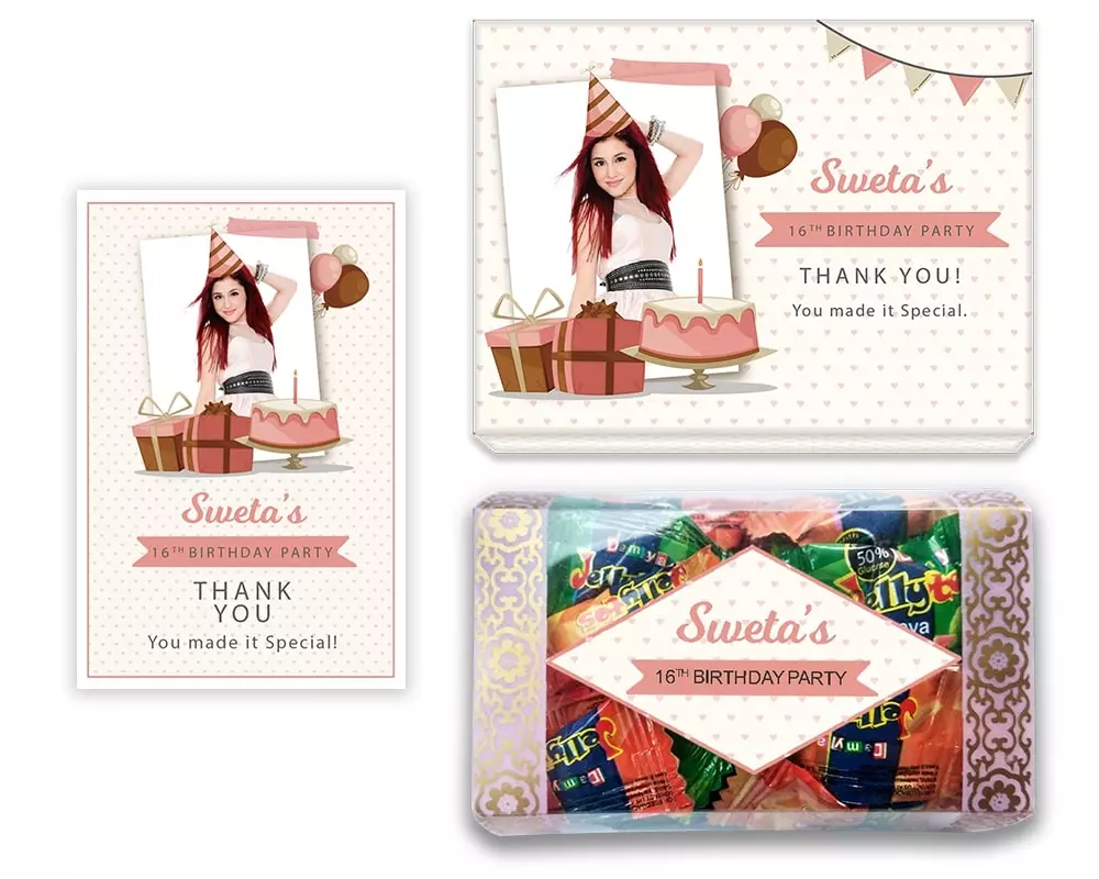 Design Number 2 for Jelly Candies in Customized Boxes with Large Message Cards for Birthday Return Gifts