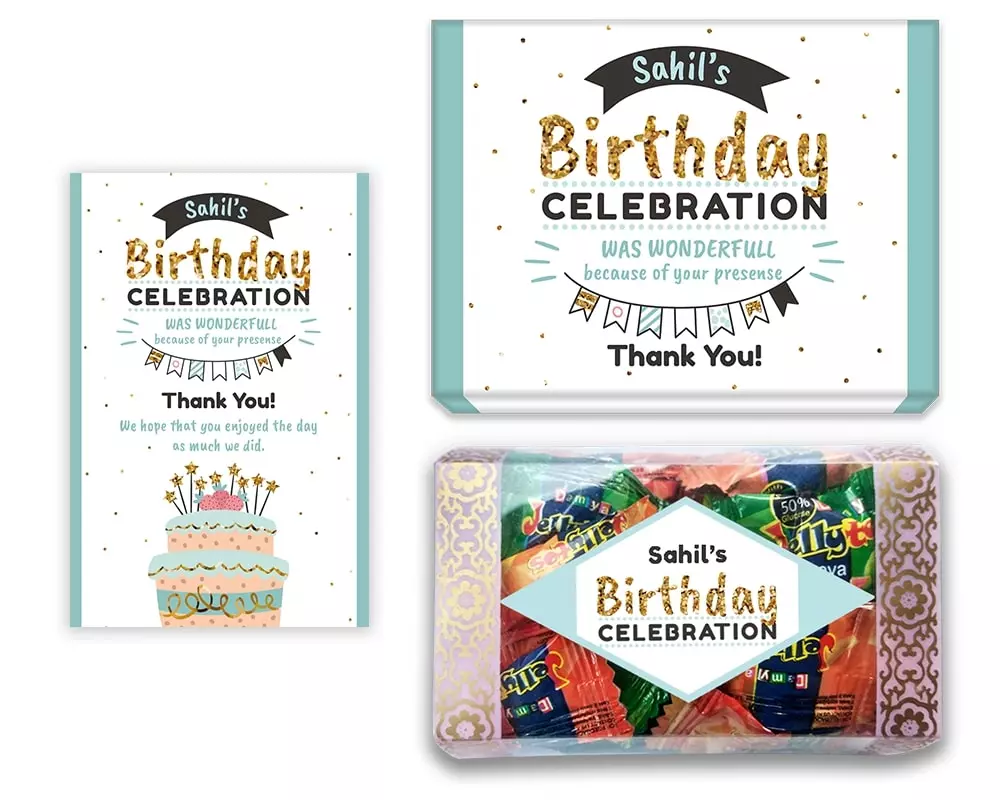 Design Number 3 for Jelly Candies in Customized Boxes with Large Message Cards for Birthday Return Gifts