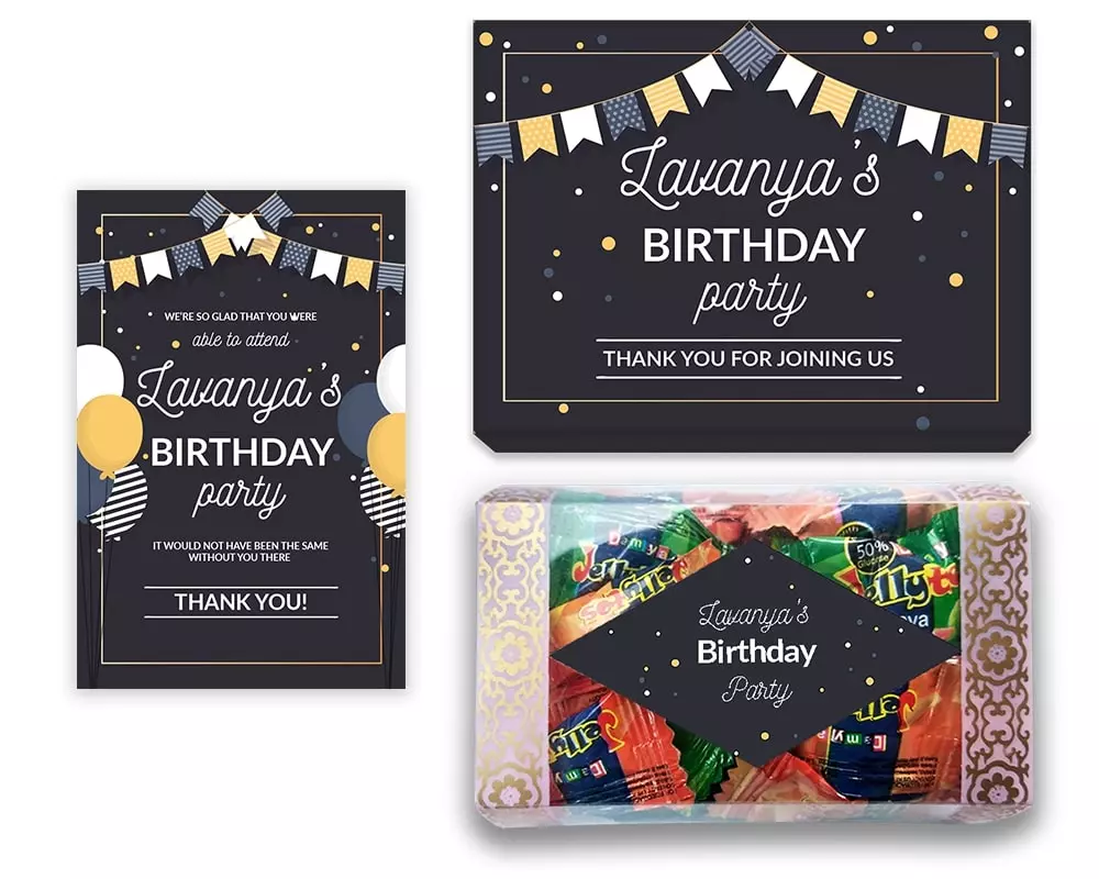 Design Number 6 for Jelly Candies in Customized Boxes with Large Message Cards for Birthday Return Gifts