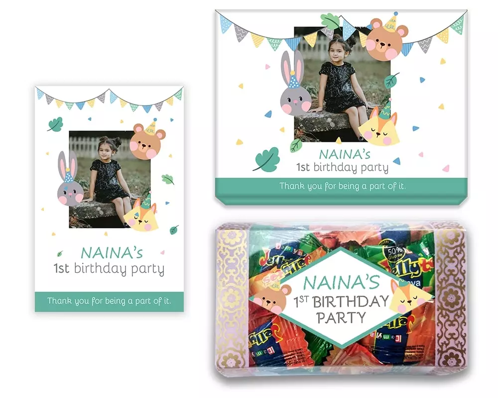 Design Number 8 for Jelly Candies in Customized Boxes with Large Message Cards for Birthday Return Gifts