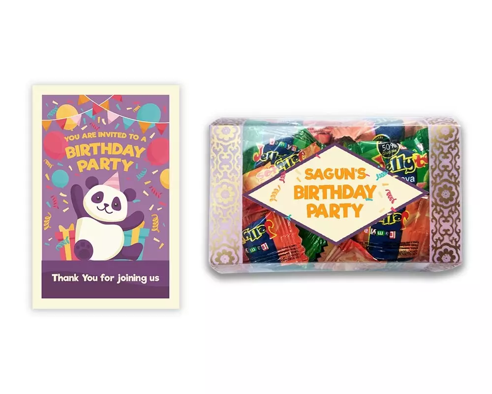 Design Number 1 for Jelly Candies in Transparent Boxes with Large Message Cards for Birthday Return Gifts