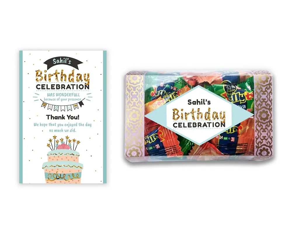 Design Number 3 for Jelly Candies in Transparent Boxes with Large Message Cards for Birthday Return Gifts