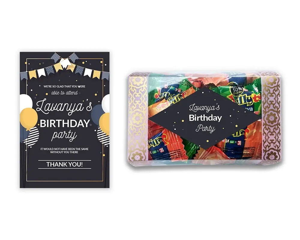 Design Number 6 for Jelly Candies in Transparent Boxes with Large Message Cards for Birthday Return Gifts