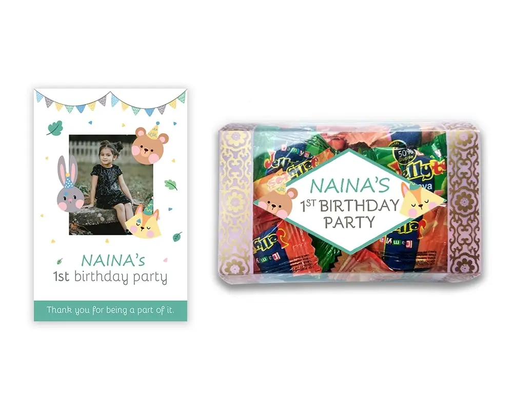Design Number 8 for Jelly Candies in Transparent Boxes with Large Message Cards for Birthday Return Gifts
