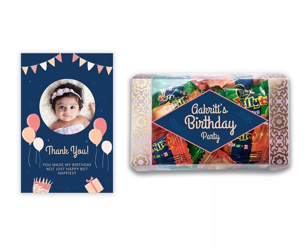 Design Number 9 for Jelly Candies in Transparent Boxes with Large Message Cards for Birthday Return Gifts