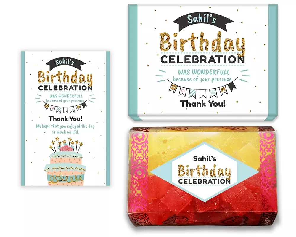 Design Number 3 for Jelly Sweets in Customized Boxes with Large Message Cards for Birthday Return Gifts