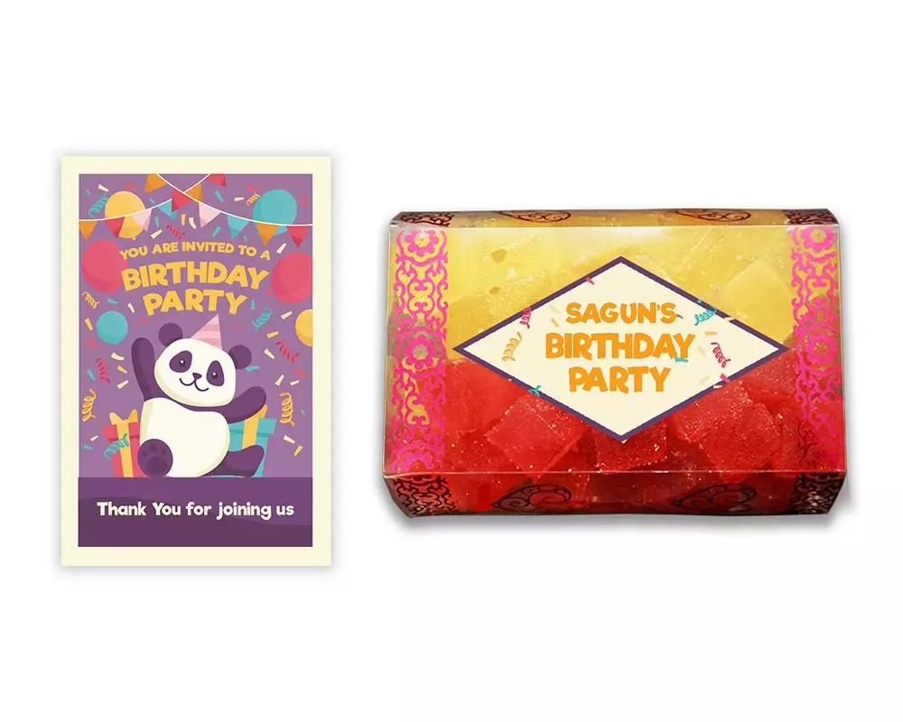 Design Number 1 for Jelly Sweets in Transparent Boxes with Large Message Cards for Birthday Return Gifts