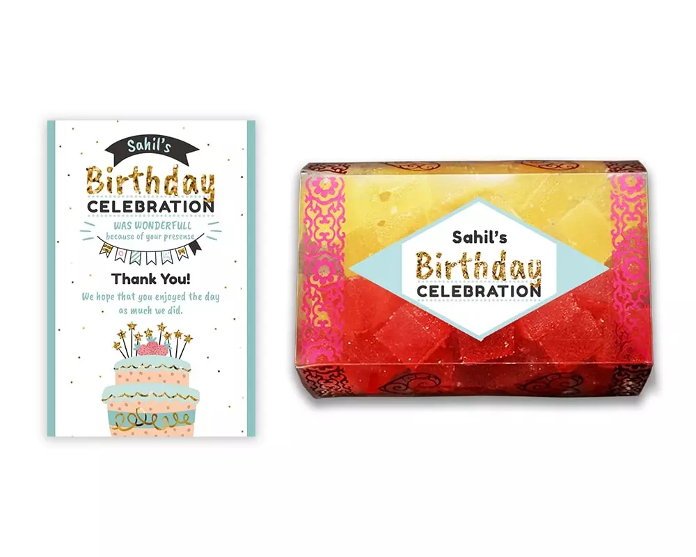Design Number 3 for Jelly Sweets in Transparent Boxes with Large Message Cards for Birthday Return Gifts