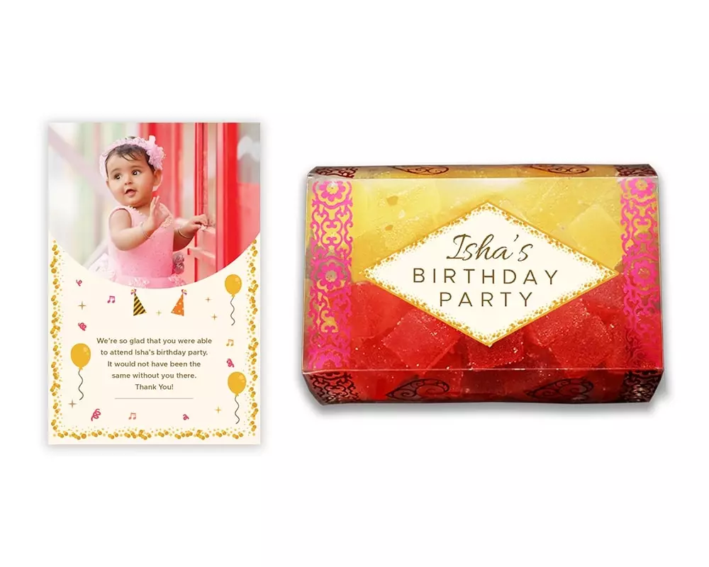 Design Number 5 for Jelly Sweets in Transparent Boxes with Large Message Cards for Birthday Return Gifts