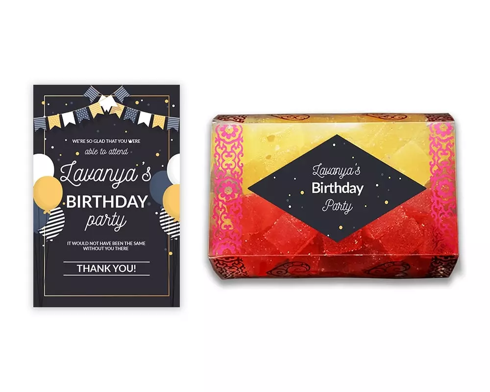 Design Number 6 for Jelly Sweets in Transparent Boxes with Large Message Cards for Birthday Return Gifts