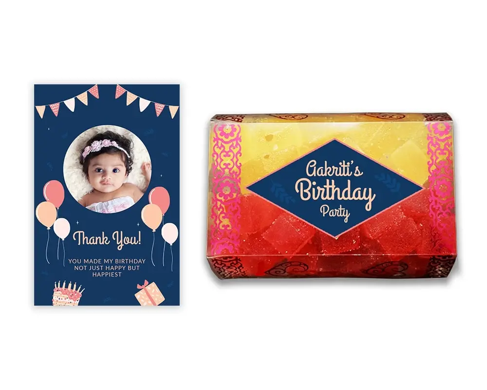 Design Number 9 for Jelly Sweets in Transparent Boxes with Large Message Cards for Birthday Return Gifts