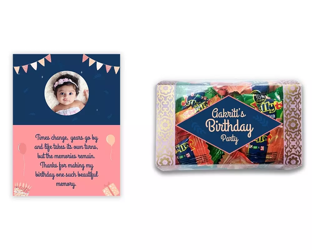 Design Number 9 for Jelly Candies in Transparent Boxes with Small Foldable Message Cards for Birthday Return Gifts